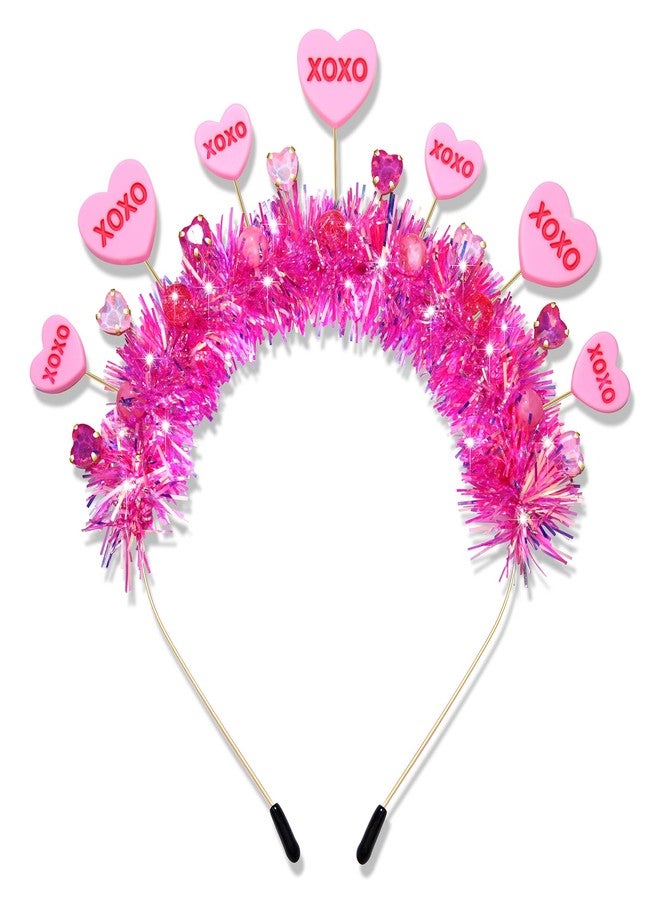 BVGA Valentines Headbands for Women Hot Pink Tinsel Wrapped Headpiece Heart Rhinestone Hairband Valentines Gifts for Her - Image 1